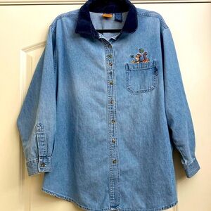 Disney Blue Button Down Shirt with Embroidered Characters